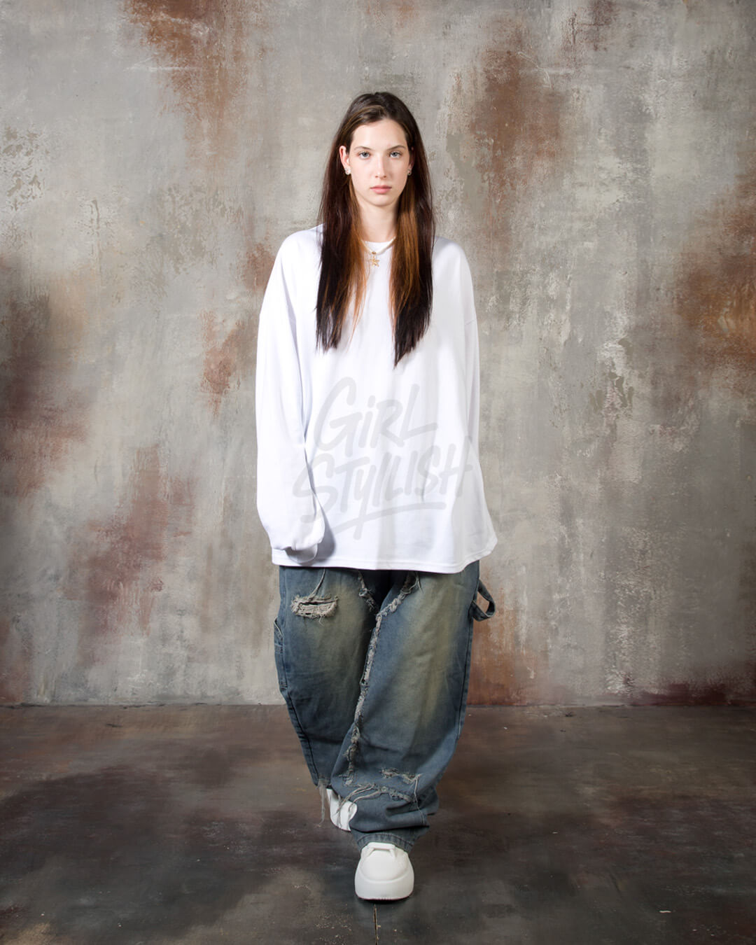Oversized Cotton Plain Long-Sleeve T-shirt