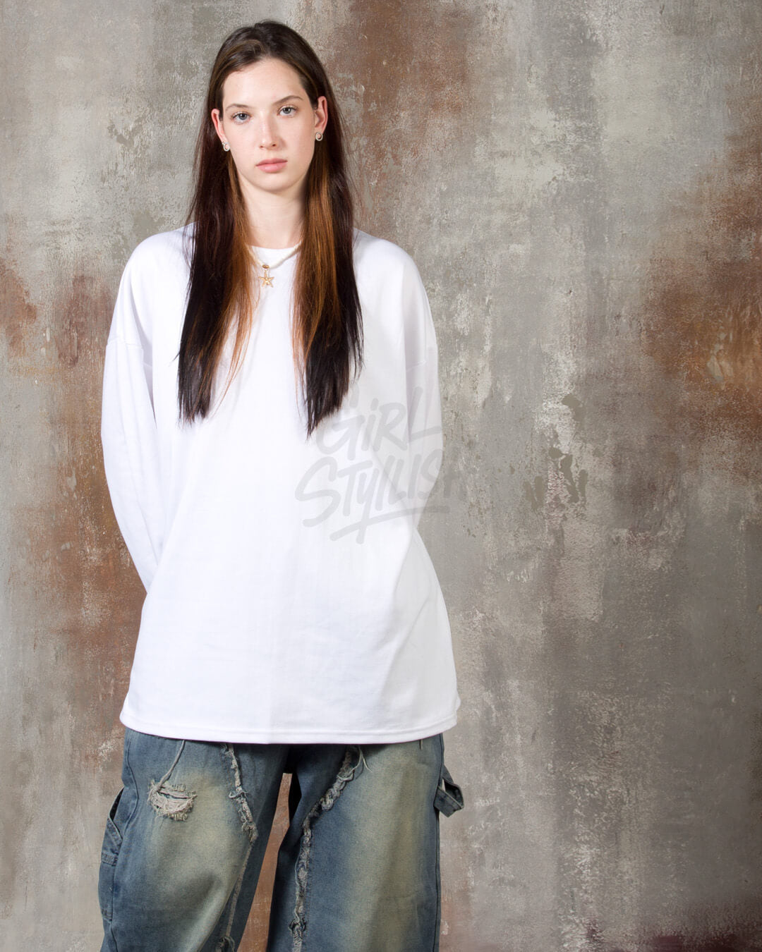 Oversized Cotton Plain Long-Sleeve T-shirt