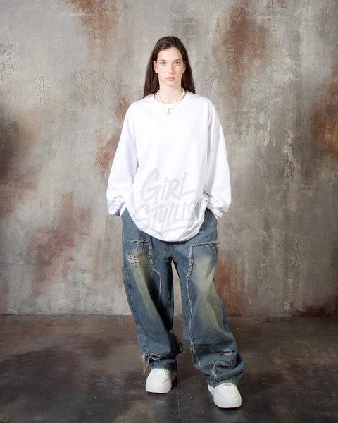 Oversized Cotton Plain Long-Sleeve T-shirt