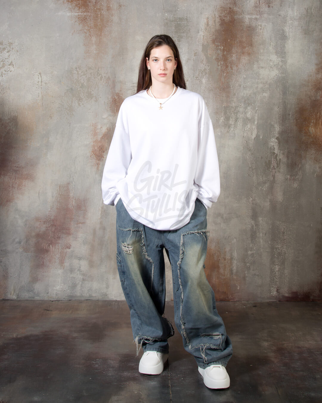 Oversized Cotton Plain Long-Sleeve T-shirt