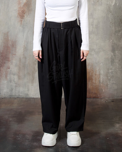 Belted Two-Tuck Wide-Leg Balloon Pants